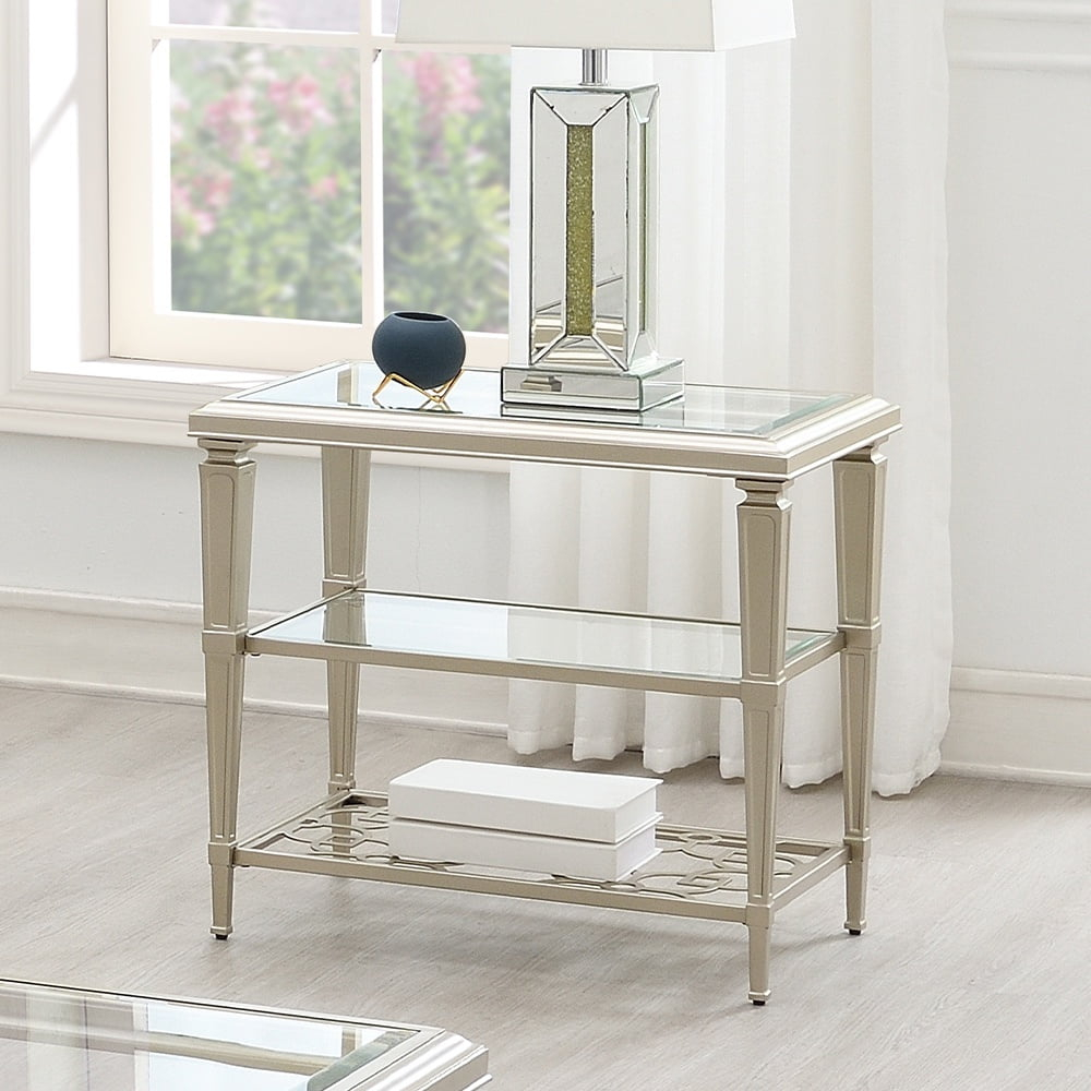 ACME Zaba Metal and Tempered Glass Rectangular End Table in Silver and Clear
