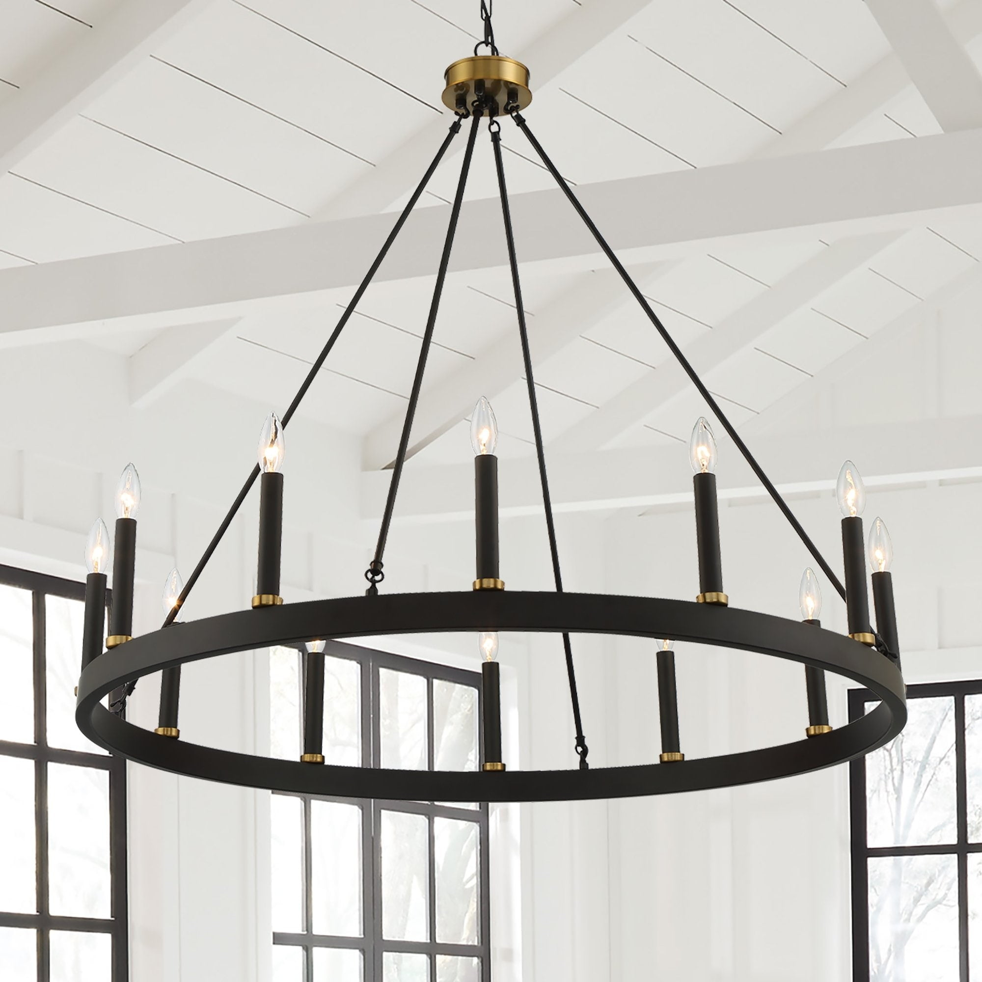 ACROMA  12-light 40In Modern Farmhouse Wagon Wheel Chandelier Black/ Gold Candle Lighting - 40'' D