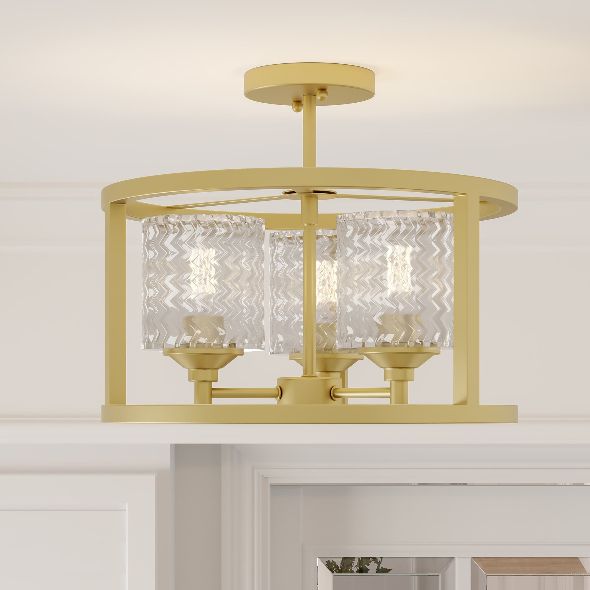 ACROMA Moulins 3-light Modern Farmhouse Semi-Flush Mount Ceiling Lights - 15'' Satin Brass
