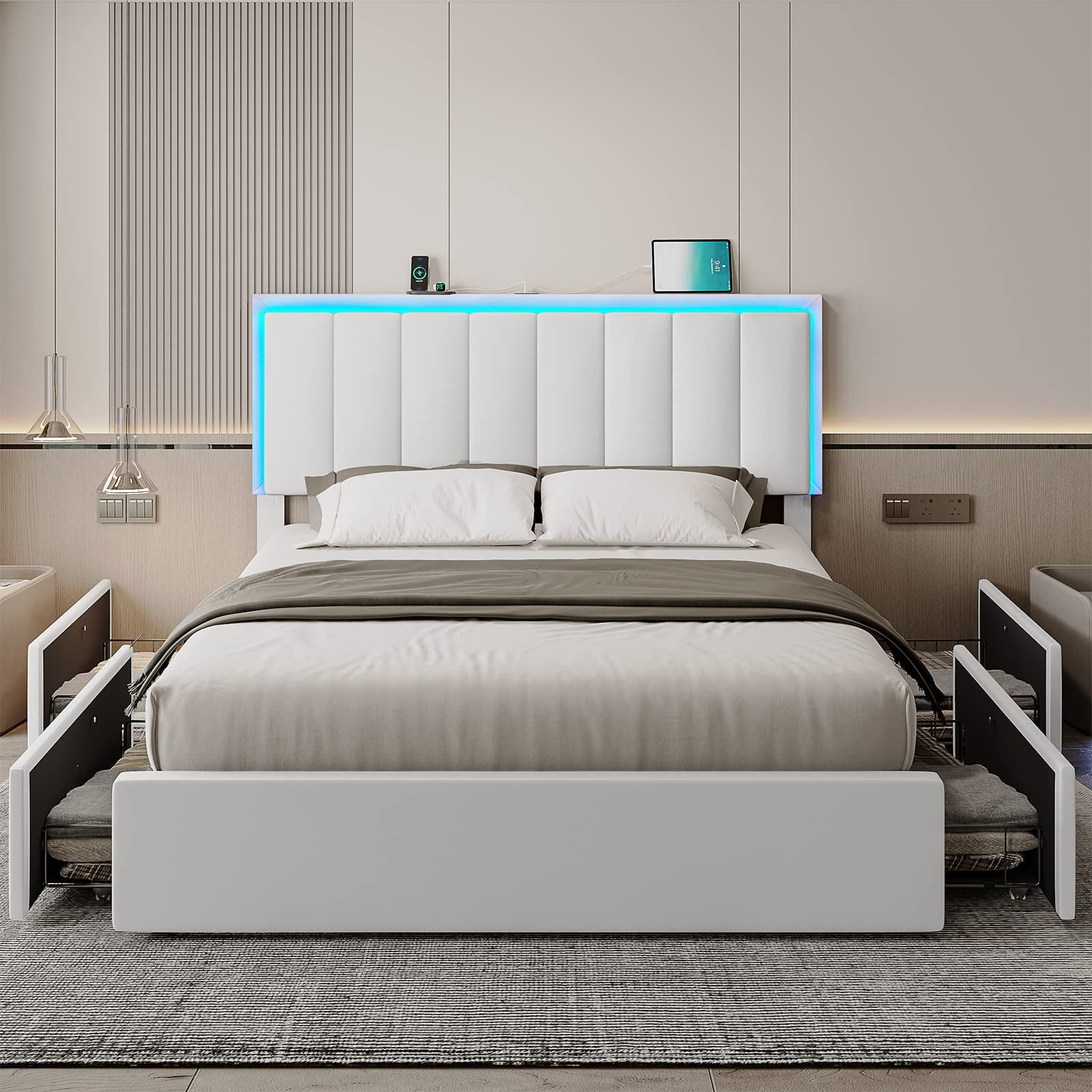 Queen LED Bed Frame with 4 Storage Drawers and USB Ports and LED Headboard, Faux Leather Upholstered Platform Bed Frame with 3 Side Light Strip,White