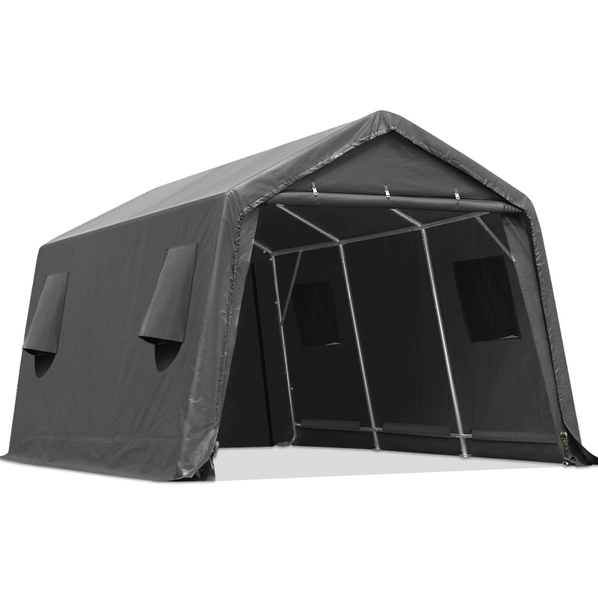 ADVANCE OUTDOOR 10x15 ft Outdoor Storage Shelter Shed with 2 Roll up Zipper Doors & Vents Peak Roof Carport for Motorcycle Waterproof and UV Resistant Anti-Snow, Gray
