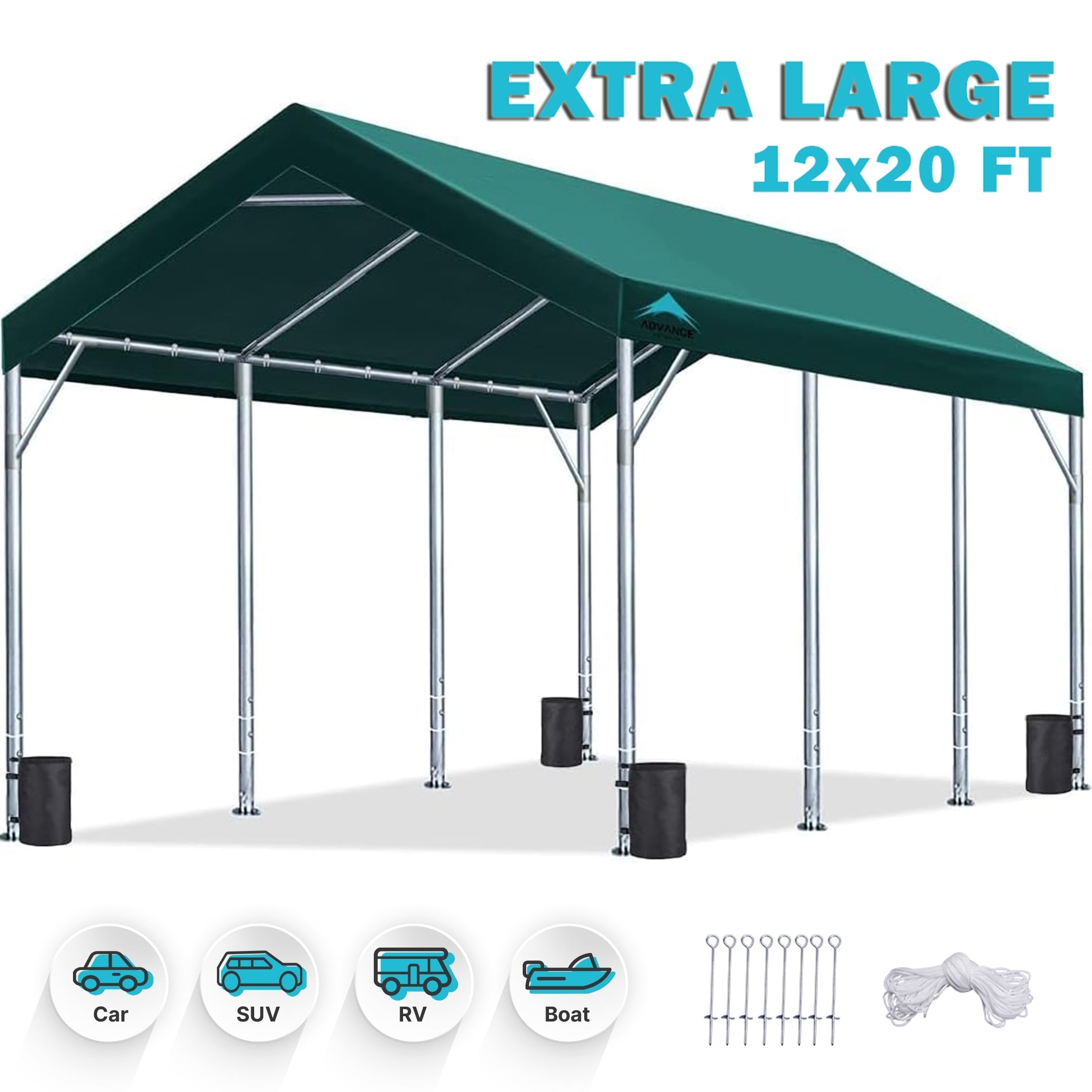 ADVANCE OUTDOOR 12x20 ft Carport with Adjustable Height from 9.5 ft to 11 ft, Heavy Duty Car Canopy, 8 Legs with 8 Reinforced Poles and 4 Sandbags, Green