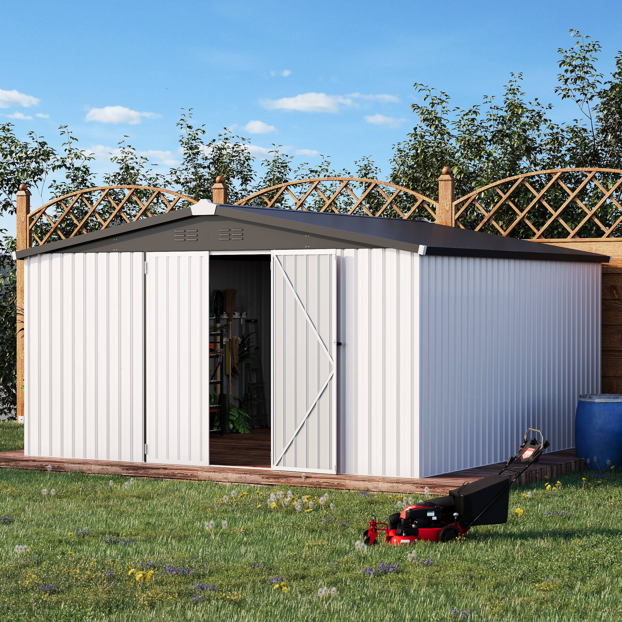 AECOJOY 12' x 12' Outdoor Storage Shed with Lockable Door Patio Metal Garden Storage Building in White for Outside