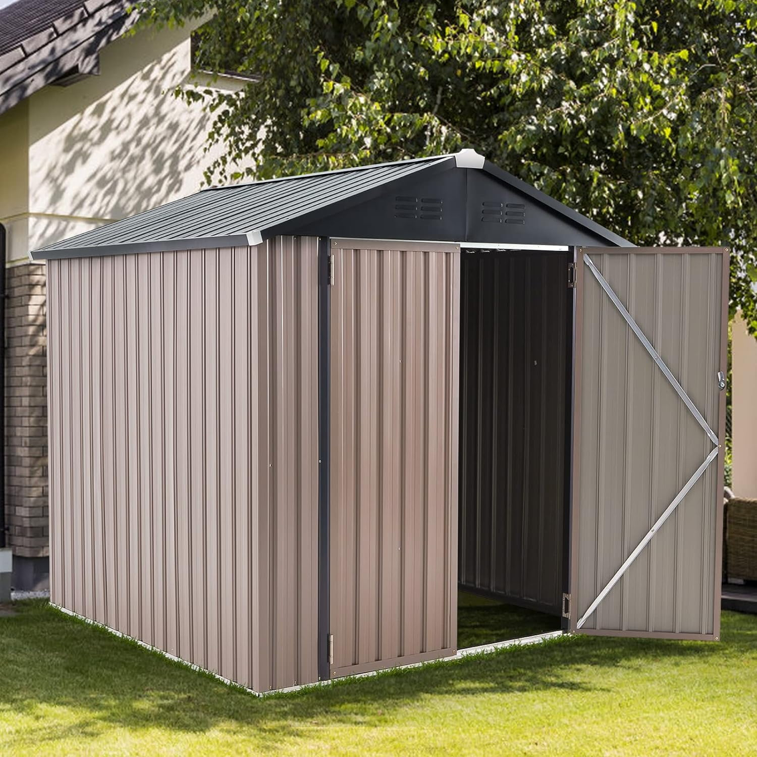 AECOJOY 6' x 6' Outdoor Storage Shed with Rack & Shelves Metal Utility Tool Shed with Lockable Door for Backyard & Garden on Clearance
