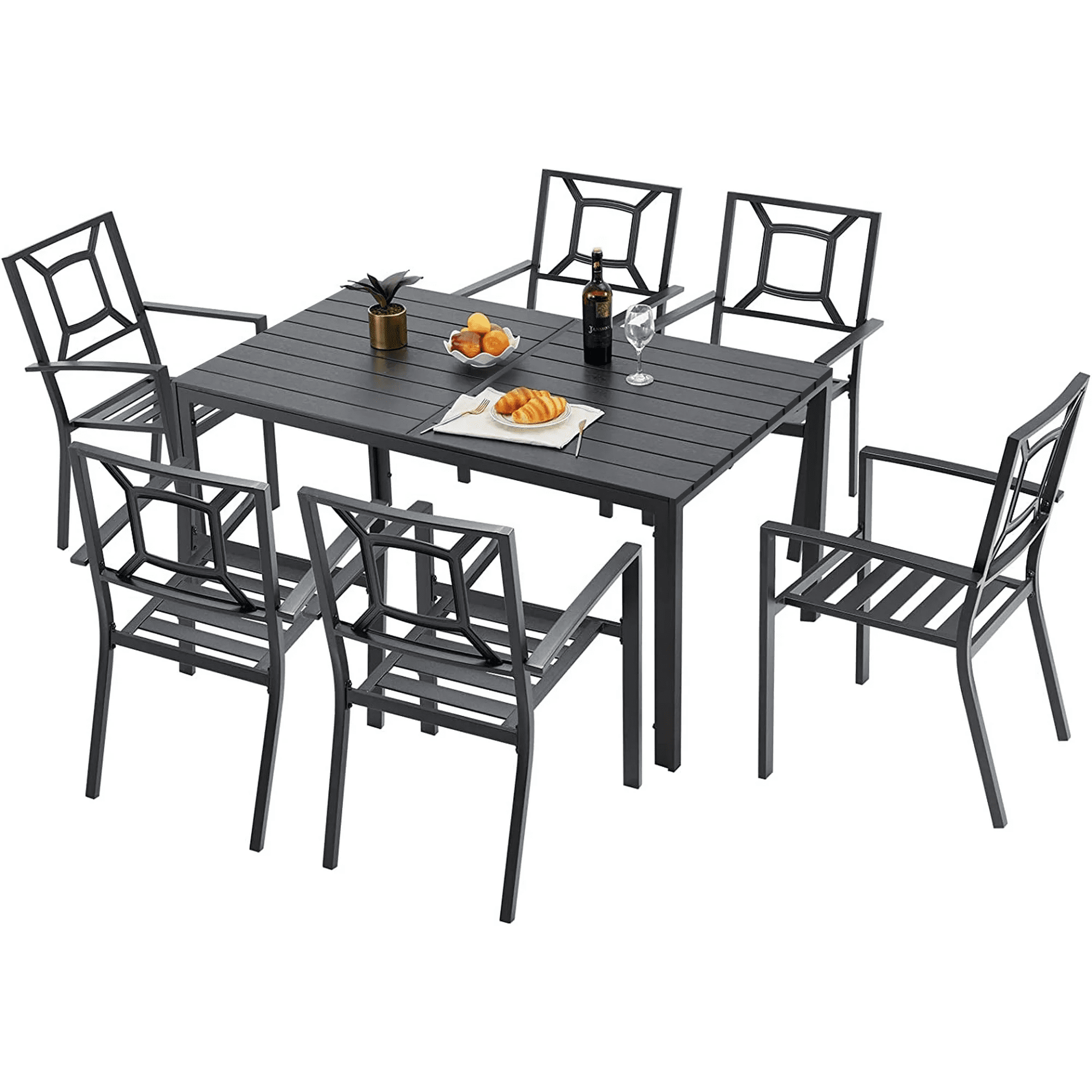 AECOJOY 7 Piece Outdoor Dining Set Patio Funiture Set On Sale Wood Grain Outdoor Table and Chairs on Clearance in Black