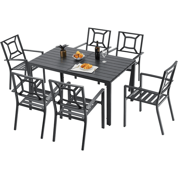 AECOJOY 7 Piece Outdoor Dining Set Patio Funiture Set On Sale Wood Grain Outdoor Table and Chairs on Clearance in Black