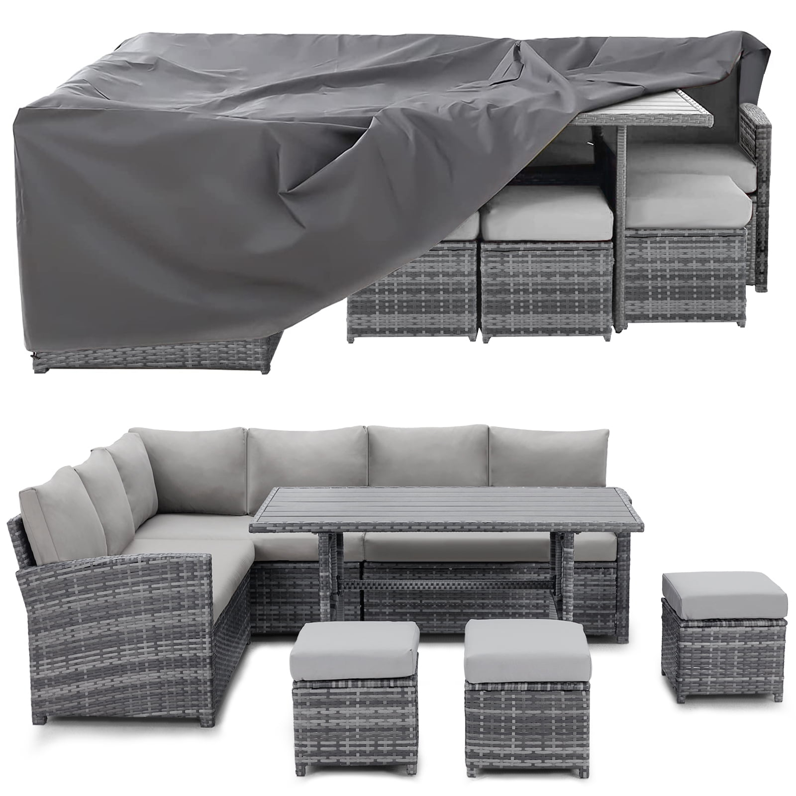 AECOJOY 7 Piece Patio Conversation Set, Outdoor Sectional Sofa Rattan Wicker Dining Furniture, Beige