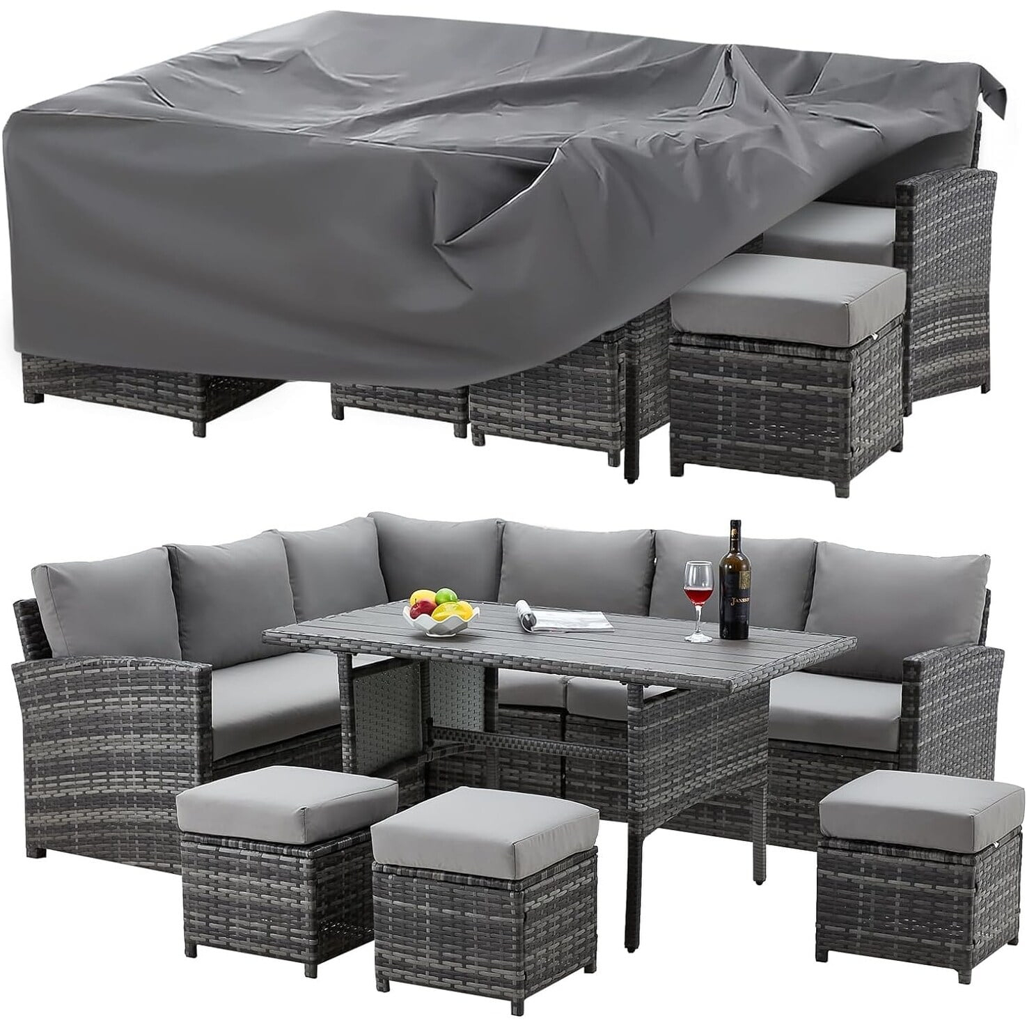 AECOJOY 7 Piece Patio Conversation Set, Outdoor Sectional Sofa Rattan Wicker Dining Furniture, Beige