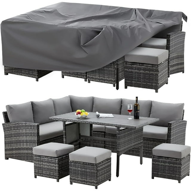 AECOJOY 7 Piece Patio Conversation Set, Outdoor Sectional Sofa Rattan Wicker Dining Furniture, Beige