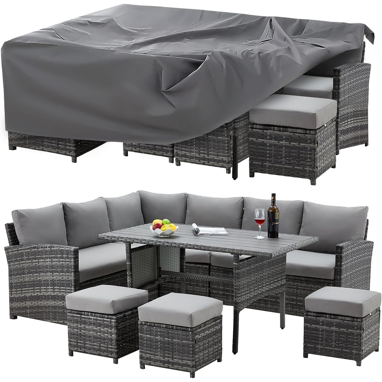 AECOJOY 7 Piece Patio Conversation Set, Outdoor Sectional Sofa Rattan Wicker Dining Furniture, Beige