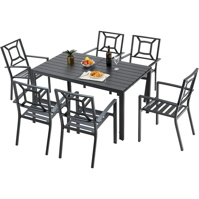 AECOJOY 7 Piece Outdoor Dining Set Patio Funiture Set On Sale Wood Grain Outdoor Table and Chairs on Clearance in Black