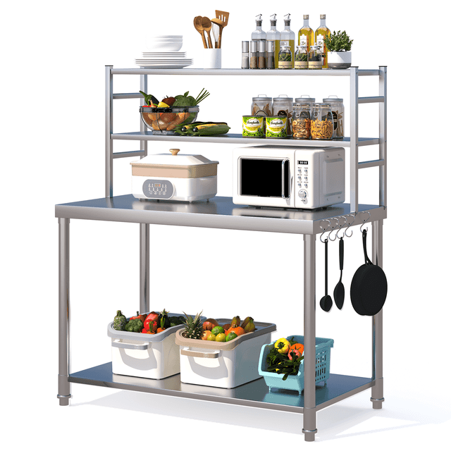 AECOJOY Stainless Steel Table With Overshelves Work Table With Hooks Commercial Kitchen Prep Table With Two Shelves Heavy Duty Metal Table for Commercial Kitchen Restaurant