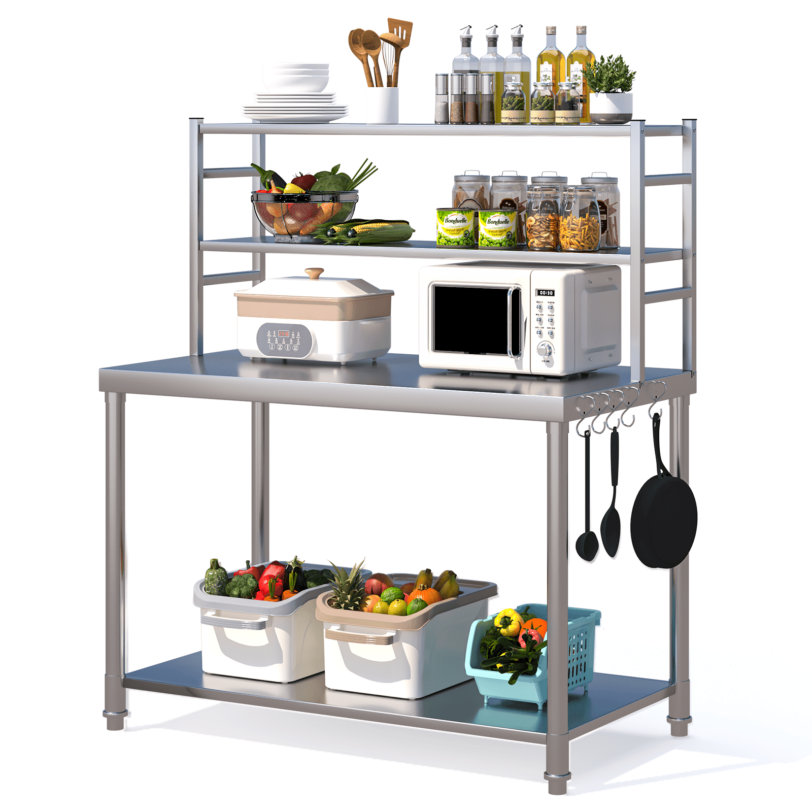 AECOJOY Stainless Steel Work Table with Hooks Commercial Kitchen Prep Table With Two Shelves Heavy Duty Work Table for Commercial Kitchen Restaurant