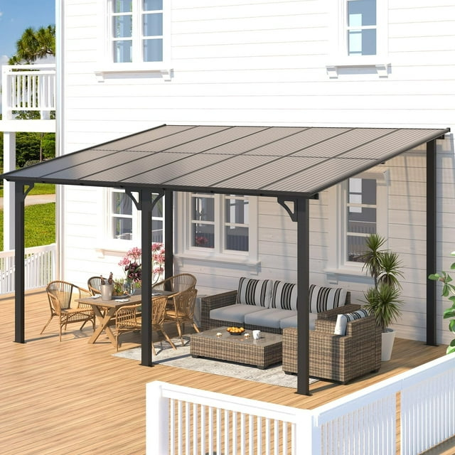 AECOJOY Wall Mounted Gazebos Pergola Outdoor Lean to Gazebo Awnings 14 Ft. W x 10 Ft. D
