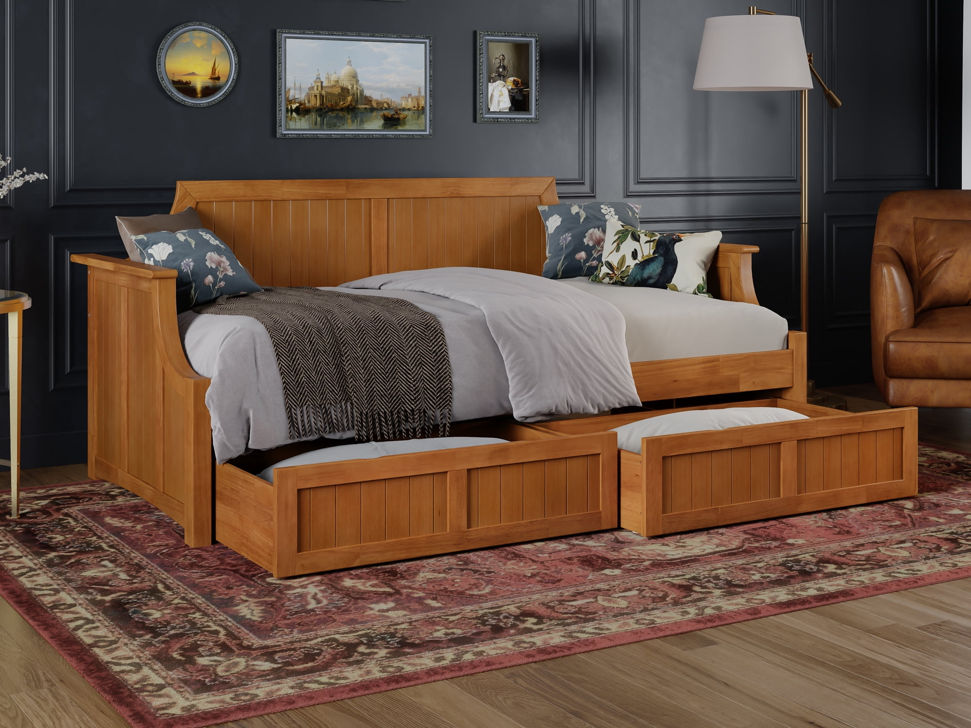AFI Cambridge Wood Twin Size Daybed Frame with 2 Storage Drawers, Light Toffee