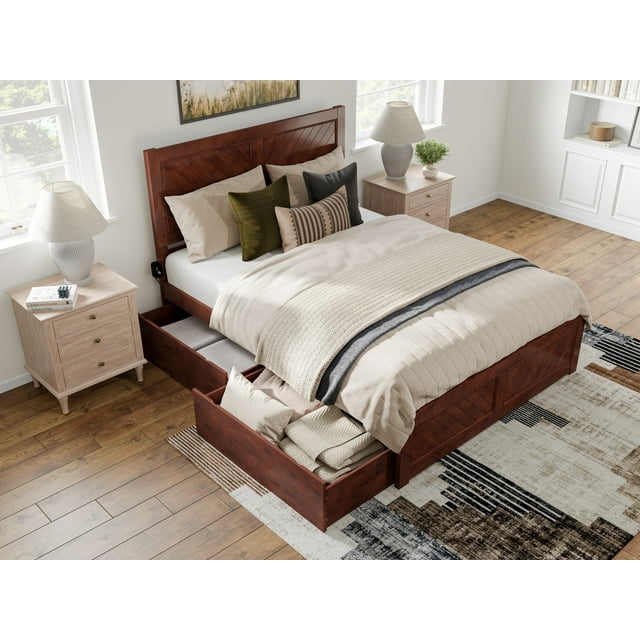 AFI Canyon Walnut Solid Wood Platform Bed with Matching Footboard & Storage Drawers, Queen