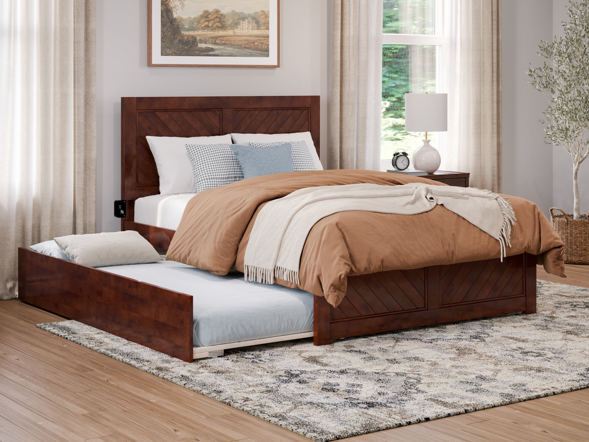 AFI Canyon Walnut Solid Wood Platform Bed with Matching Footboard & Twin Trundle, Full
