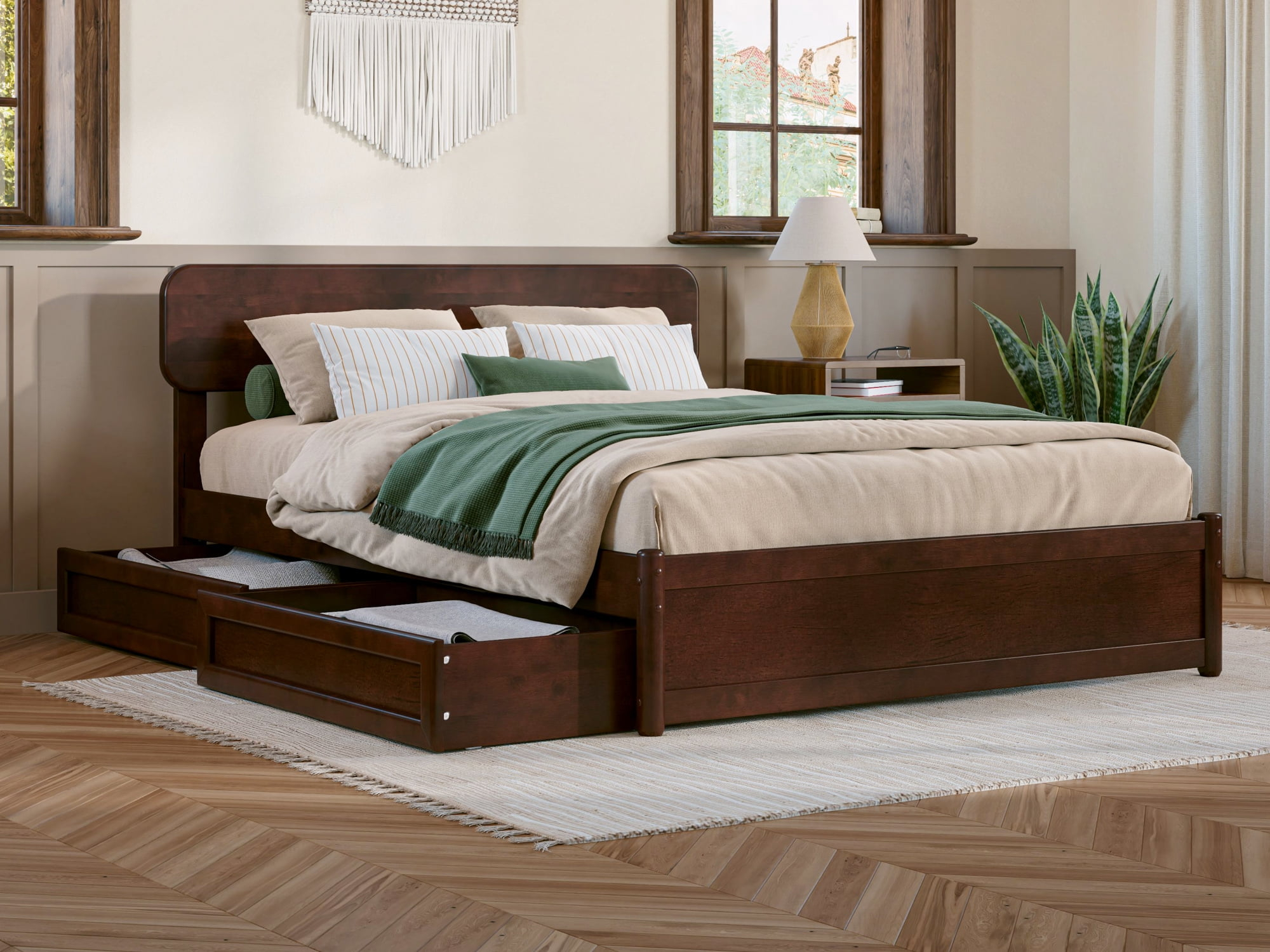 AFI Capri Full Solid Wood Platform Bed with Panel Footboard and Storage Drawers, Walnut