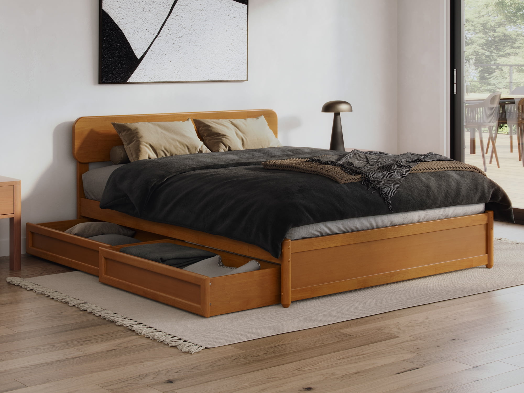 AFI Capri Queen Wood Platform Bed with Panel Footboard and Storage Drawers, Light Toffee