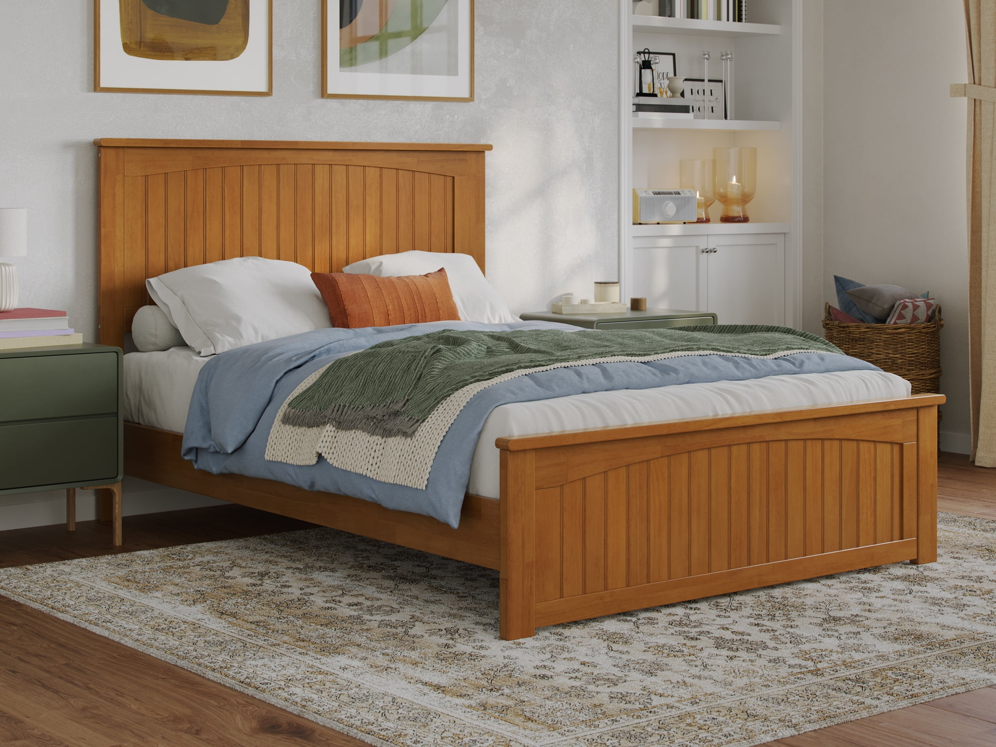 AFI Naples Full Solid Wood Low Profile Platform Bed with Matching Footboard, Light Toffee