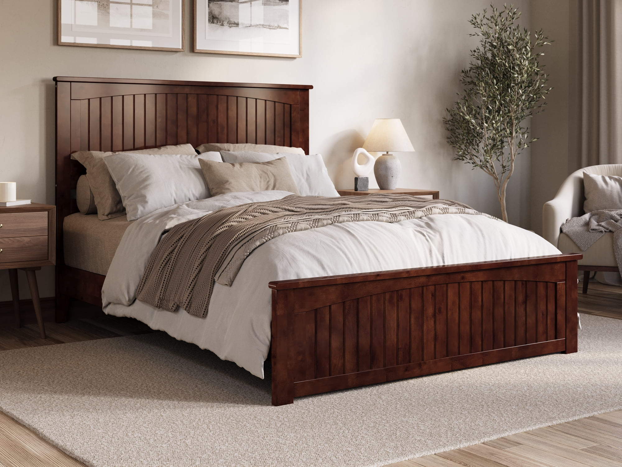 AFI Naples Queen Solid Wood Low Profile Platform Bed with Matching Footboard, Walnut