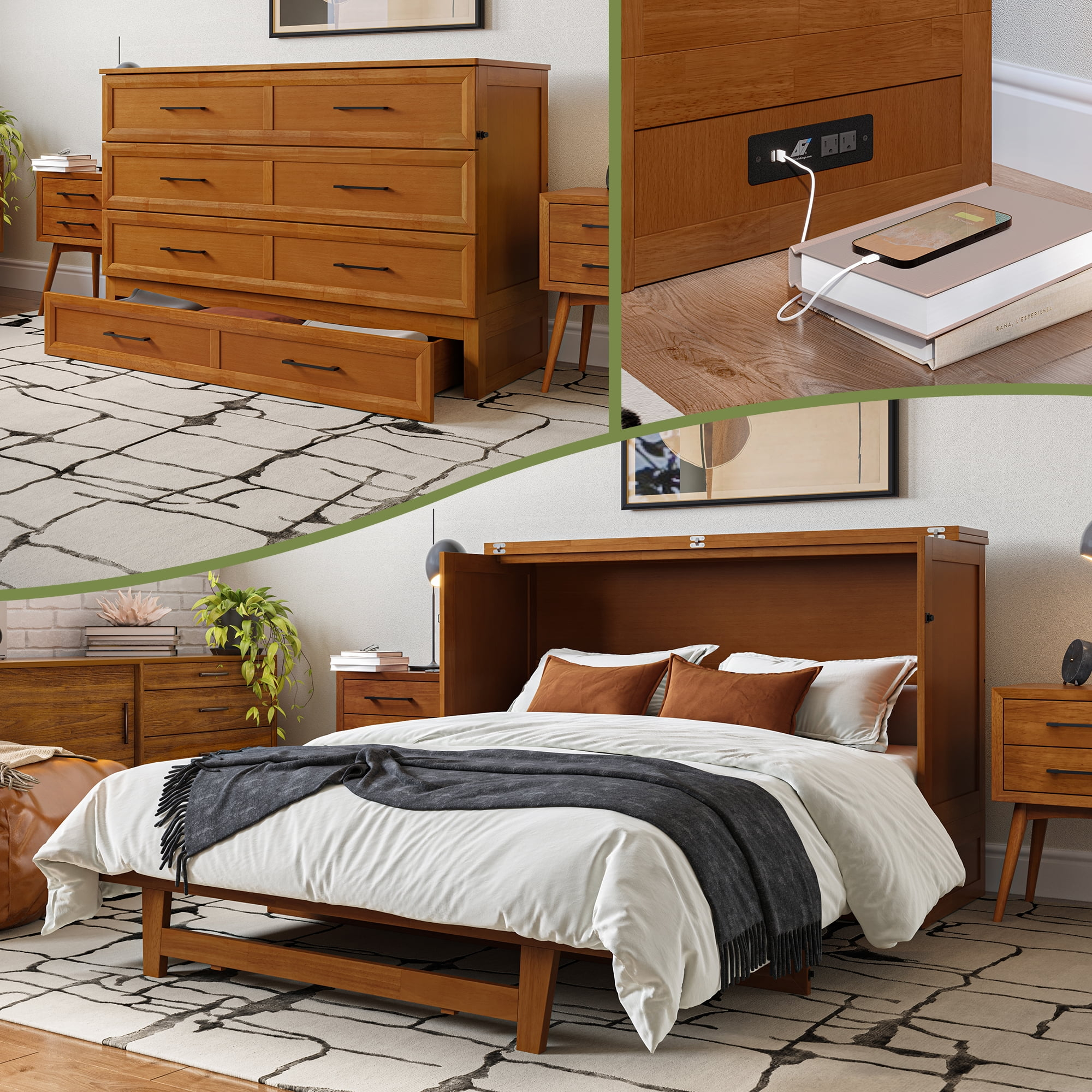 AFI Sedona Queen Murphy Bed Chest with Drawer & Built-in Charger, Light Toffee
