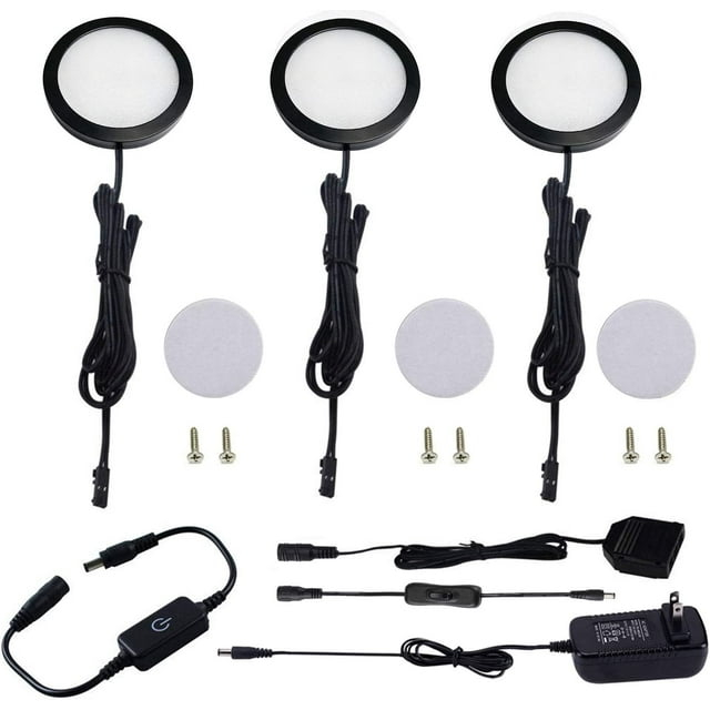 AIBOO LED Under Cabinet Lighting Black Cover Puck Lights Kit with Touch Dimmer Switch (3 Lights,Warm White)
