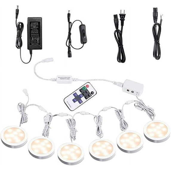 AIBOO Linkable Under Cabinet LED Lighting 12V Dimmable Puck Lights with Wireless RF Remote Control, Hardwired & Wall Plug in for Counter Lighting(6 Lights, Warm White)