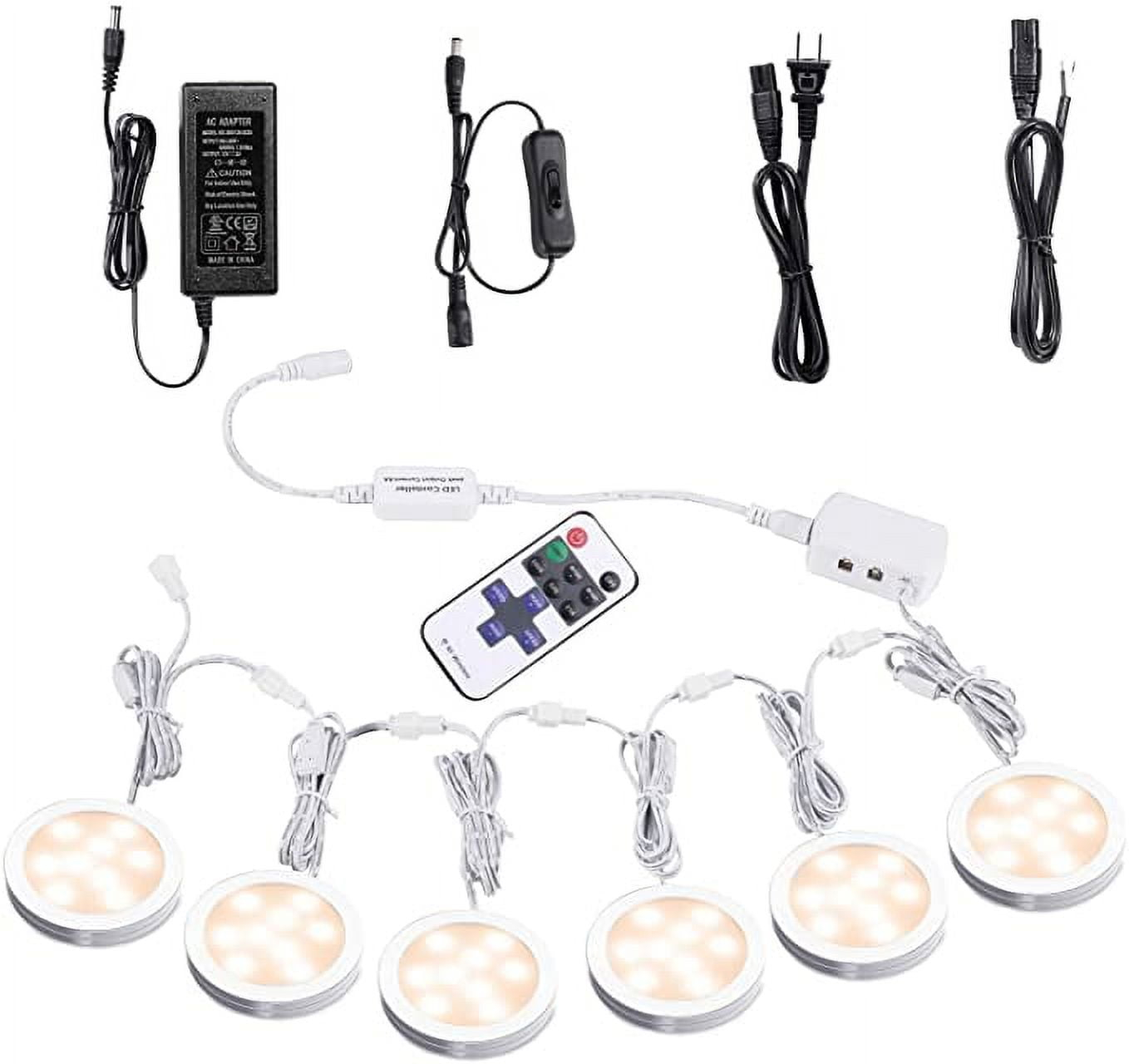 AIBOO Linkable Under Cabinet LED Lighting 12V Dimmable Puck Lights with Wireless RF Remote Control, Hardwired & Wall Plug in for Counter Lighting(6 Lights, Warm White)