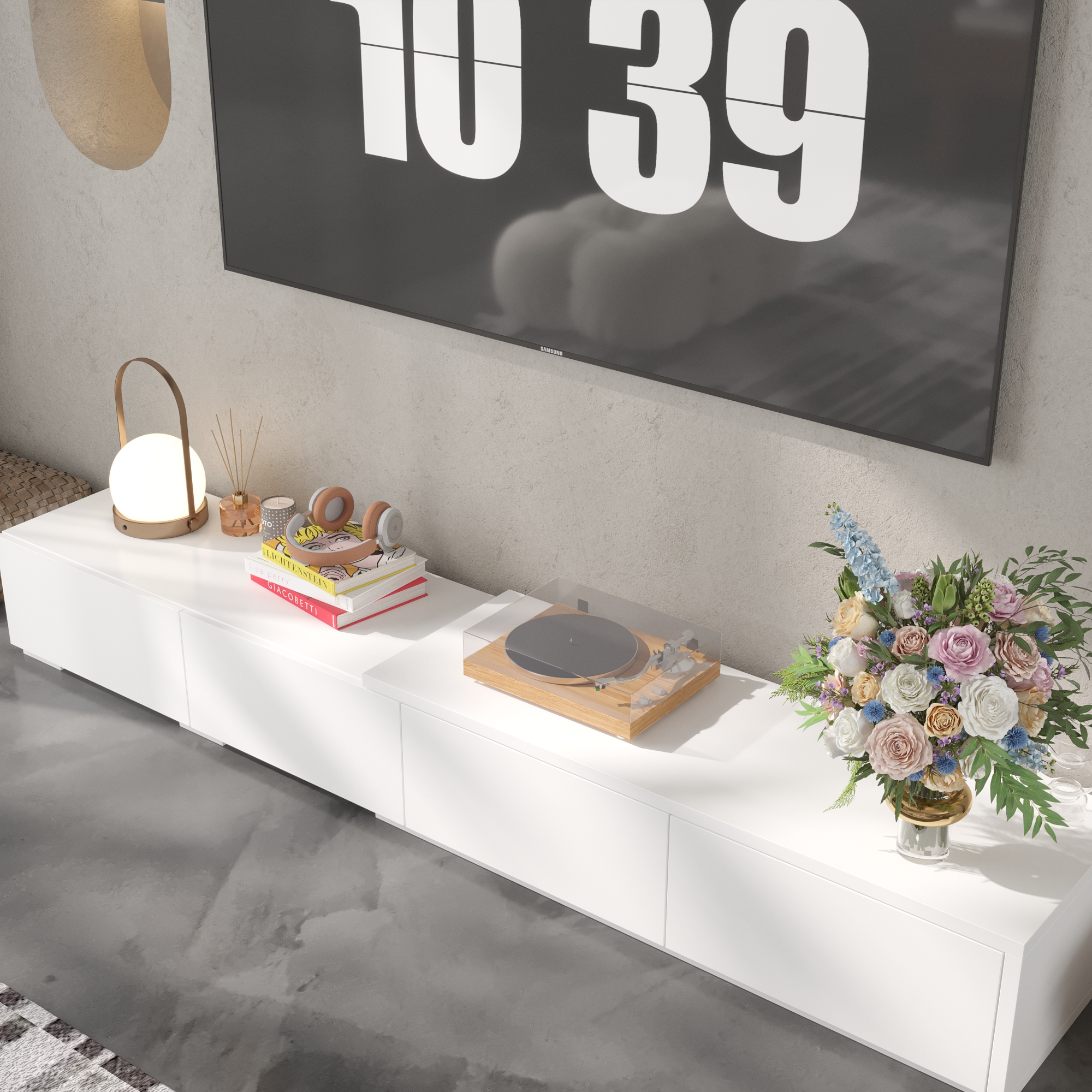 MONSLIPA Entertainment Center TV Stand - Expanded, with 4 Drawers, Living Room Decor, White