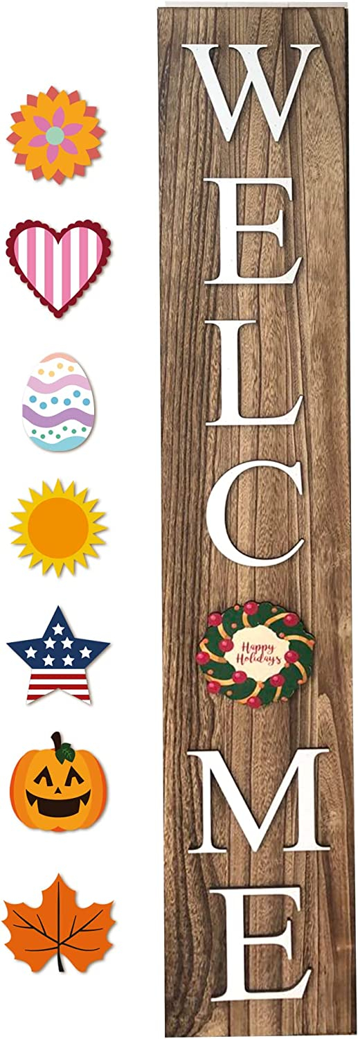 ALBEN Welcome Sign For Front Door Porch With Ornamental Tiles - 8 Interchangeable Seasonal Tiles, Celebrate Holidays and Seasons, Vertical Wooden Outdoor and Indoor Welcome Home Decor Sign