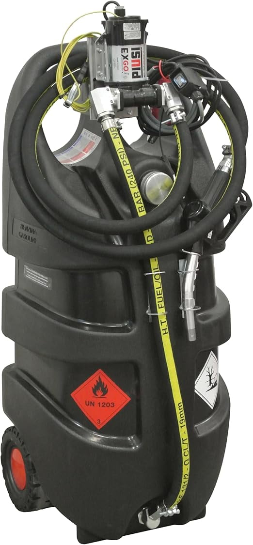 AM-TANK Portable 29 gal Gas Fuel Tank Caddy with 12V Ex-Proof pump, Fuel Storage Can On-Wheels for Cars, Lawn Mowers, ATVs, Boats, 10ft antistatic hose, UL Automatic Nozzle