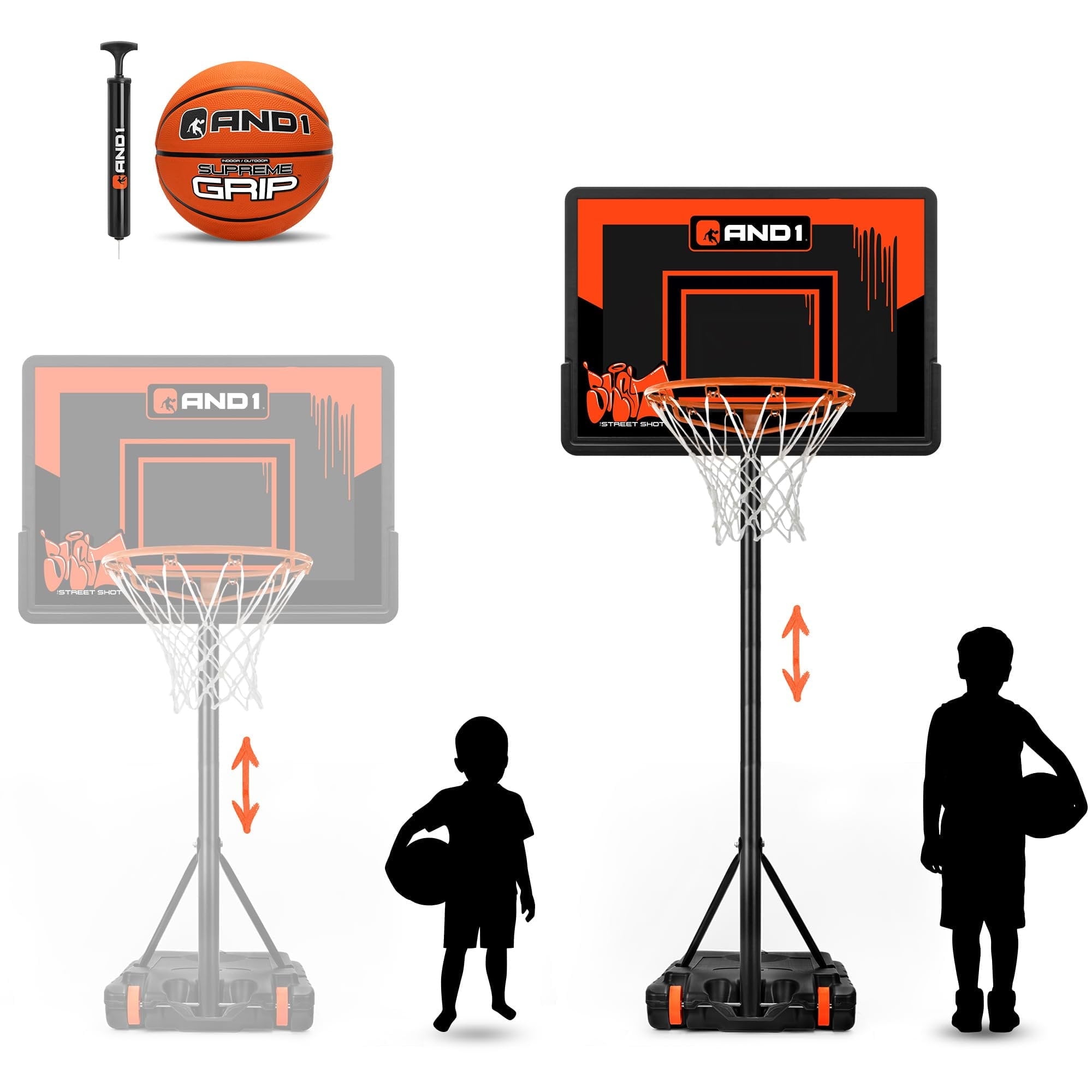 AND1 32" Youth Basketball Hoop & Basketball Bundle - Adjustable Portable Outdoor Hoop, 5-7 ft Adjustable Height