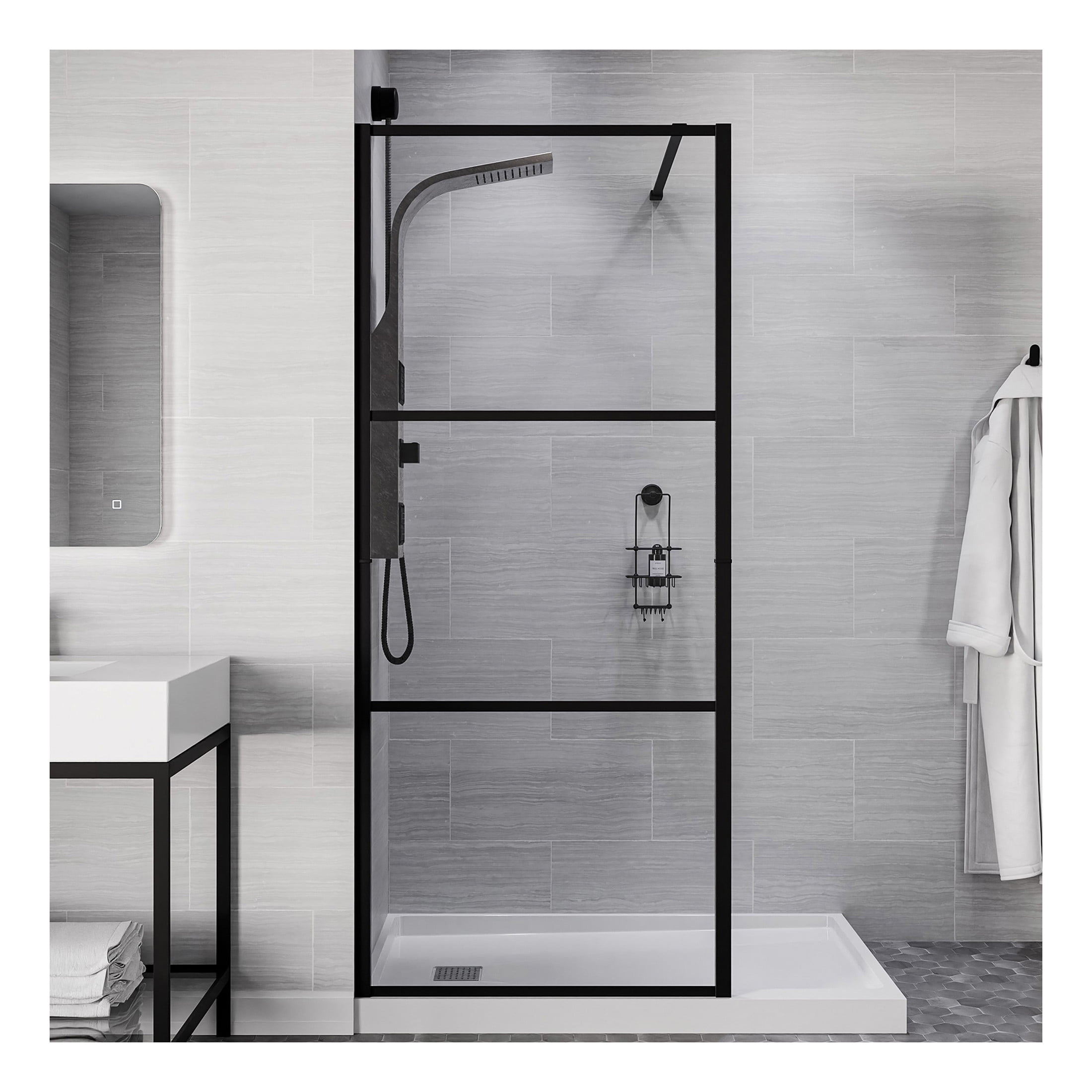 ANZZI Series 34 in. x 78 in. Fixed Frameless Shower Door in Matte Black with Tsunami Guard Tempered Clear Glass