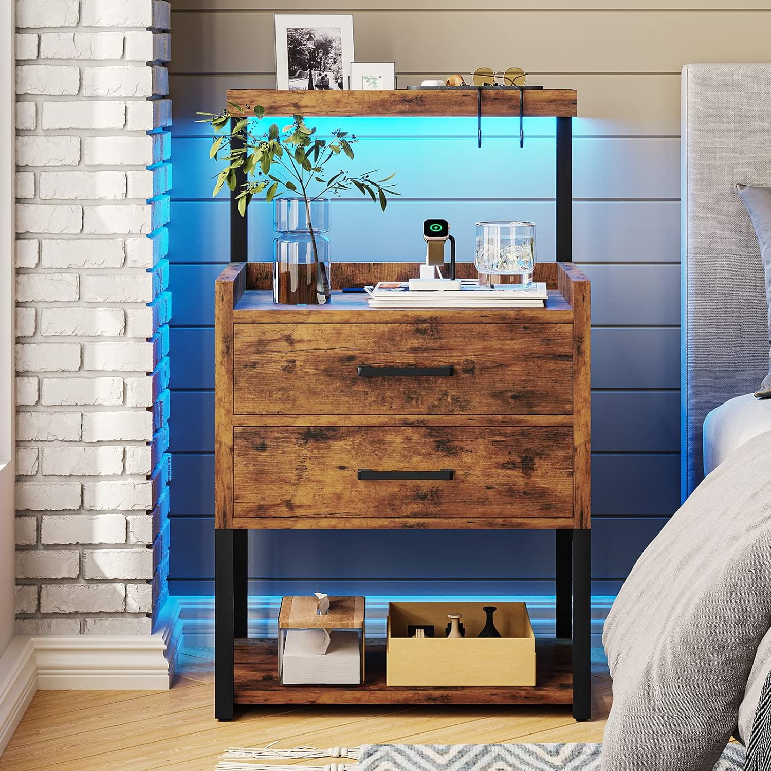 Brown LED Night Stand with Charging Station, Modern Bedside Table for Bedroom