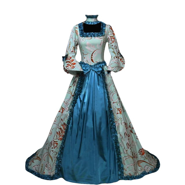 Womens Dresses Gothic Gowns Floral Print Long Flared Sleeve Patchwork Party Court Princess Dress