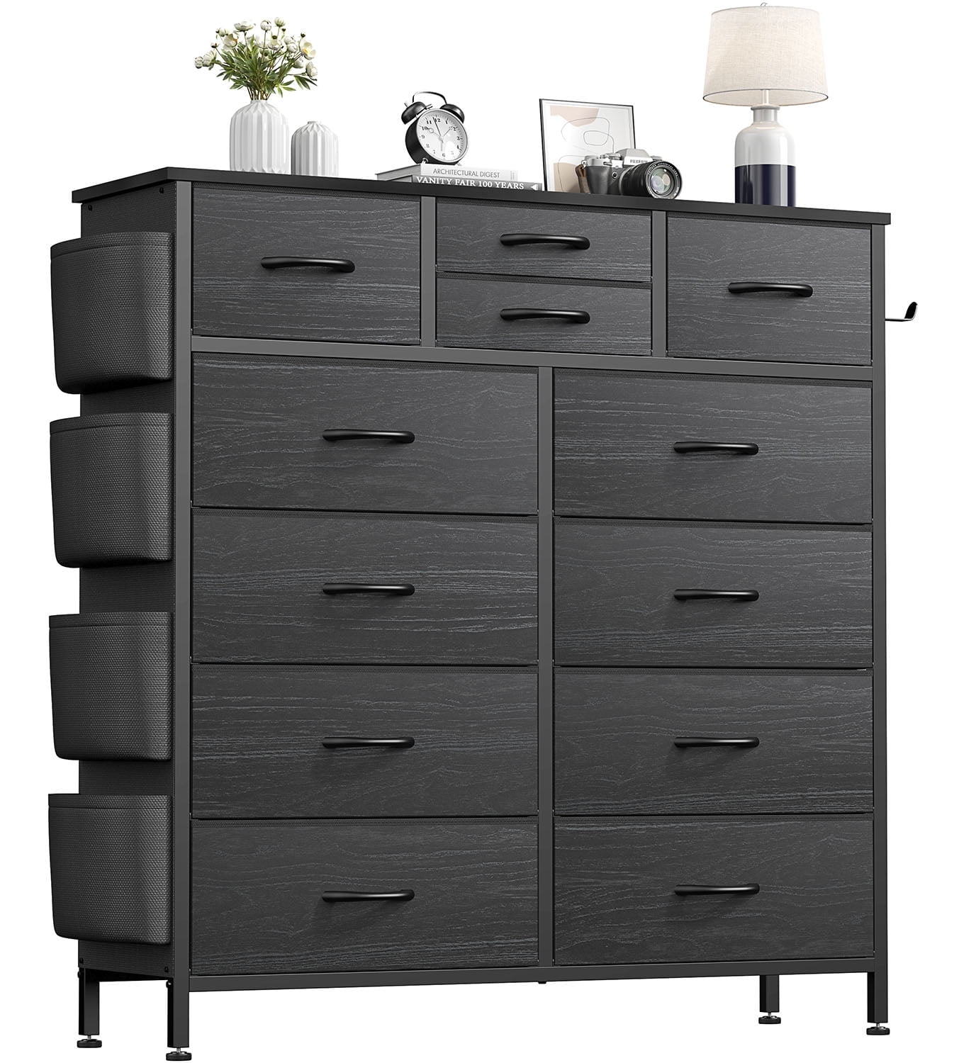AOWOS Cómoda de 12 Cajones para Dormitorio, Torre de Almacenamiento de Tela, Cómoda Negra con Tapa de Madera, Estructura de Acero Resistente, Unidad Organizadora de Almacenamiento