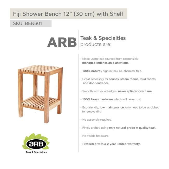 ARB TEAK & SPECIALTIES BEN601 Teak Shower Bench Fiji 12' (30 cm) with Shelf