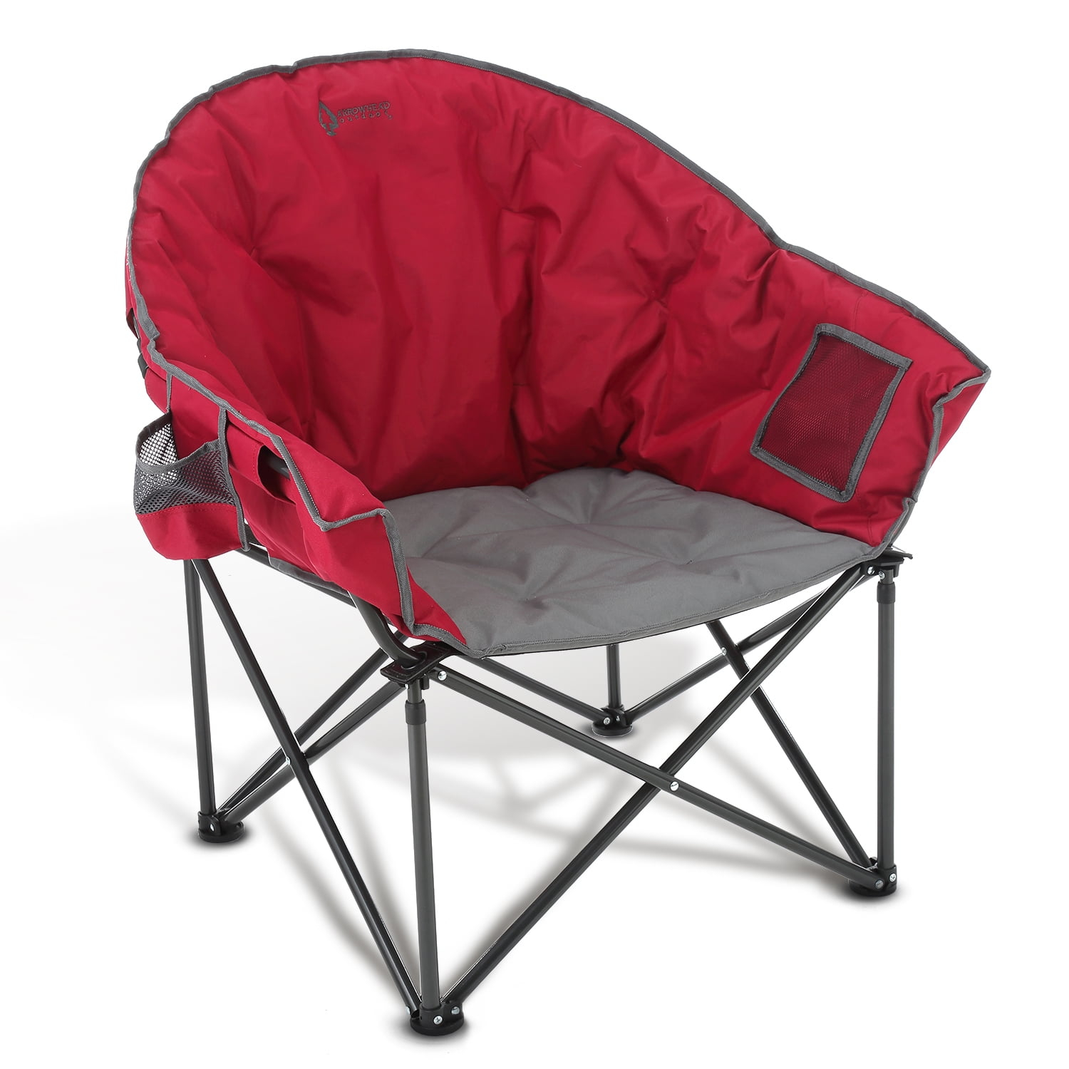 ARROWHEAD OUTDOOR Oversized Heavy-Duty Club Folding Camping Chair w/ External Pocket, Cup Holder, Portable, Padded, Moon, Round, Saucer, Supports 330lbs, Carrying Bag, USA-Based Support (Burgundy Red)