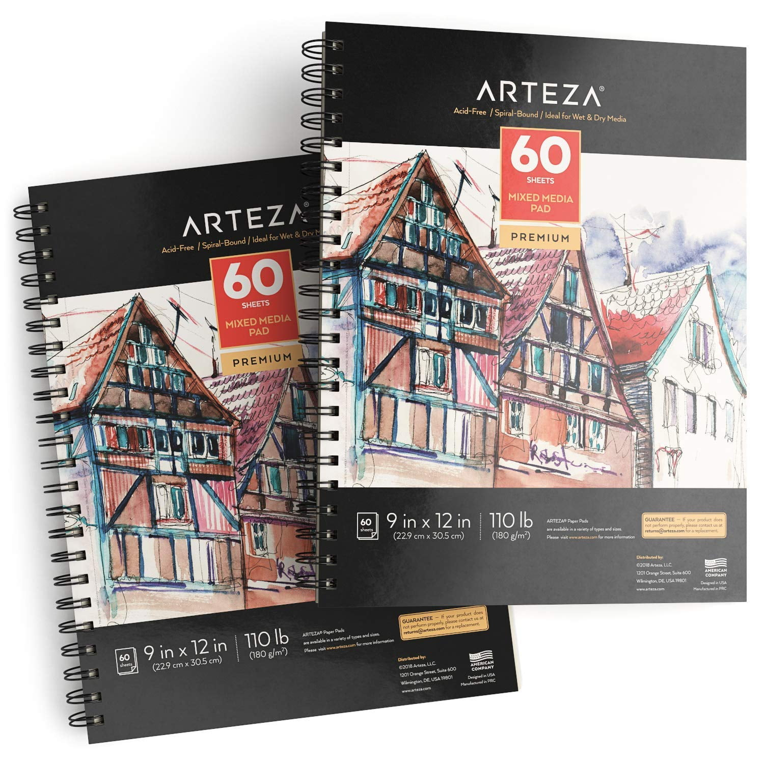 ARTEZA Mixed Media Sketchbook, 9 x 12 Inches, Pack of 2, 60 Sheets Each, Spiral-Bound Drawing Paper Pad for Wet and Dry Media C57