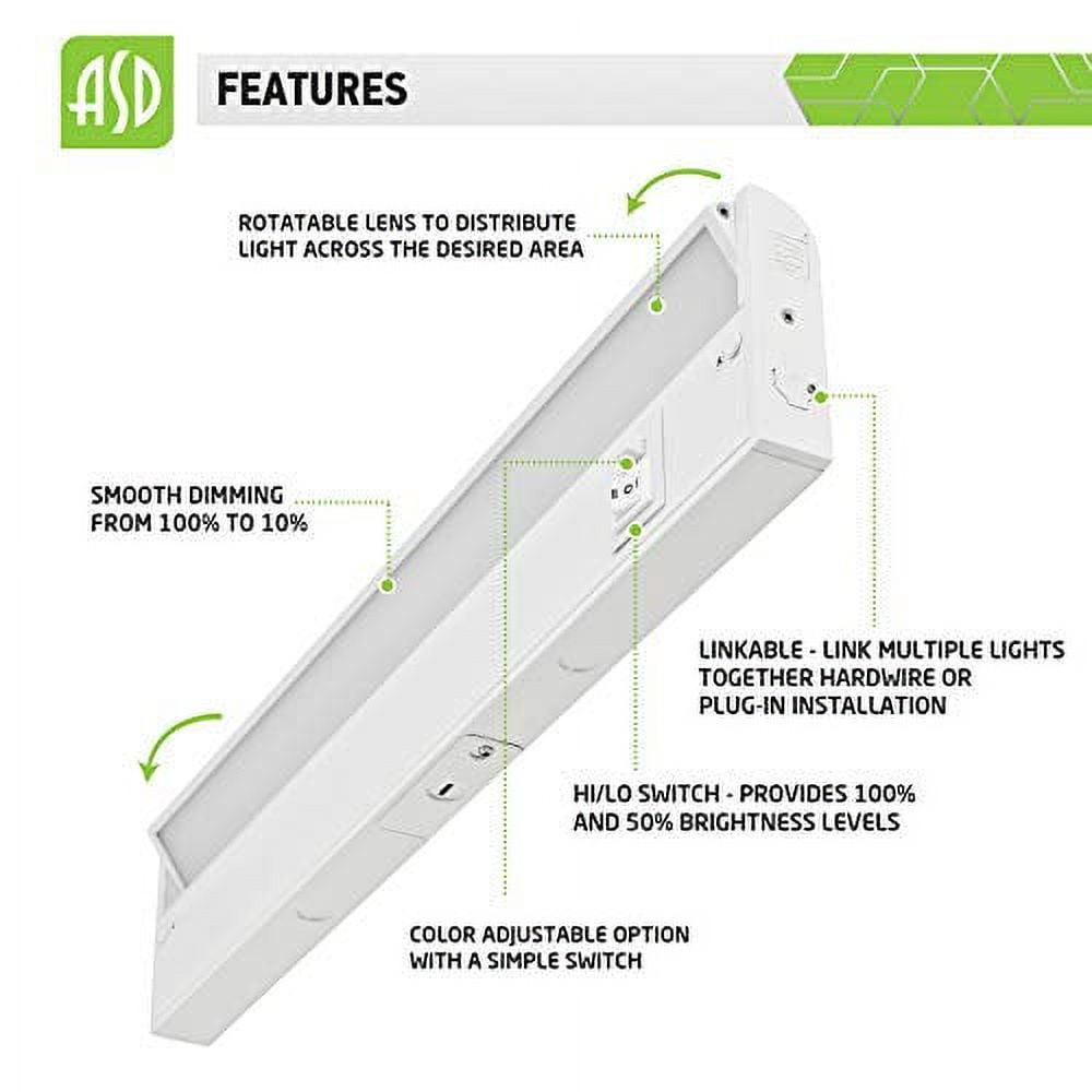 ASD Swivel LED Under Cabinet Lighting, 18 Inch 8W, Hardwired or Plug-in, 2700K/3000K/4000K, Hi/Low Switch, Rotatable Lens, Dimmable Linkable Under Counter Light for Kitchen, ETL & Energy Star
