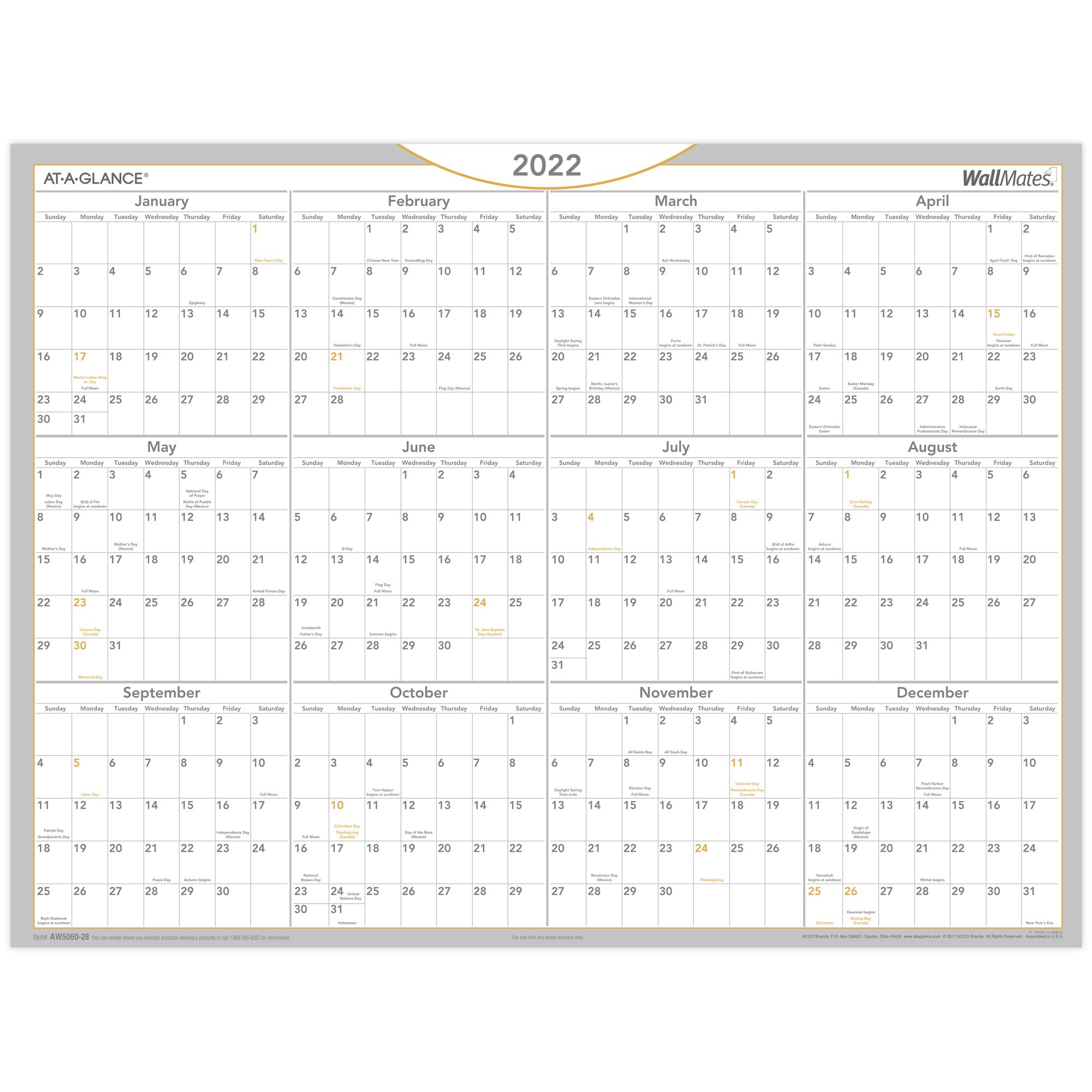 AT-A-GLANCE 2022 18" x 24" Yearly Calendar WallMates White AW5060-28-22