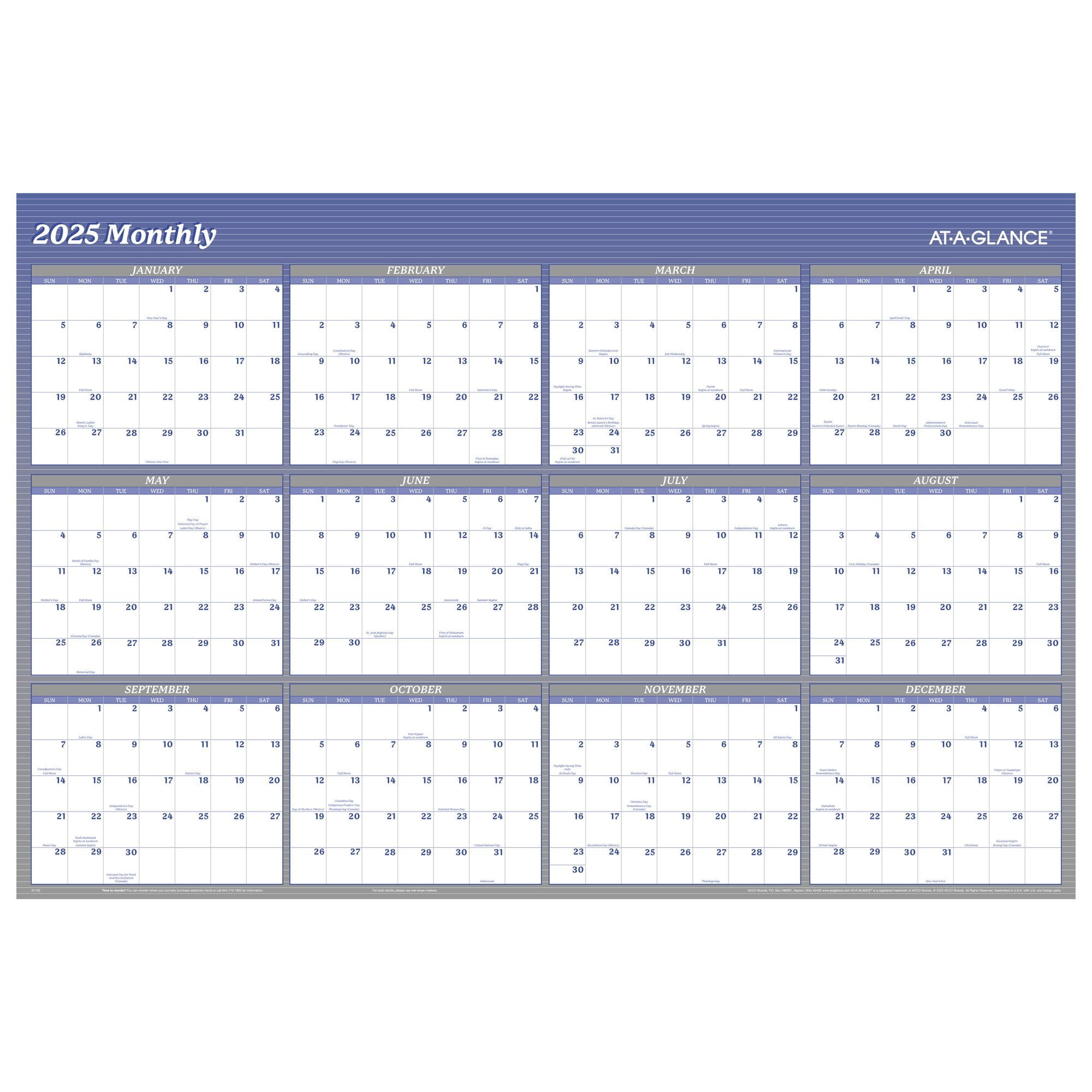 AT-A-GLANCE 2025 Vertical Horizontal Reversible Yearly Wall Calendar Blue Extra