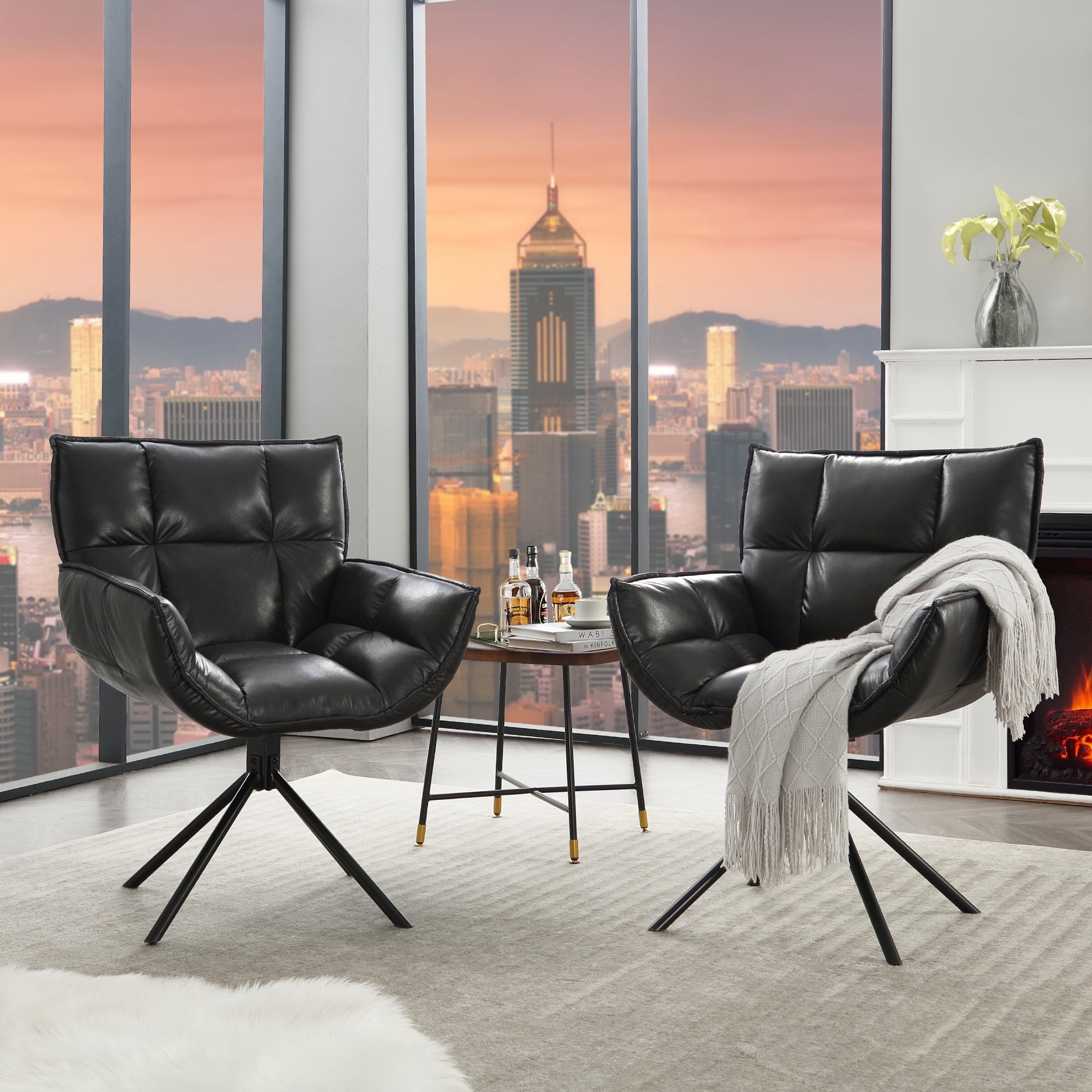 TEWLOSS Swivel Accent Chair Set of 2 Faux Leather Armchair with Metal Legs, Black