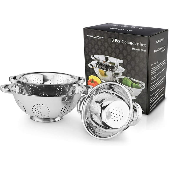 AVADOR Set of 3 Stainless Steel Colanders, Comes in 1. 3 and 5 Quart for all your Cooking | Baking | Prepping Needs