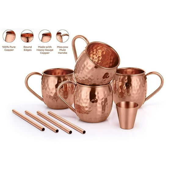 AVADOR Set of 4 Handcrafted 100% Pure Copper Moscow Mule Mugs Hammered Finish 16 Oz. Gift Set Boxed with Shot Glass and Copper Straws