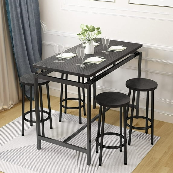 Lamerge 5 Pieces Dining Table Set for 4, Black Bar Table Set with 4 Round Bar Stools Counter Height Bar Table and Chairs Set, Wood Pub Table Set Breakfast Table for Kitchen, Small Space