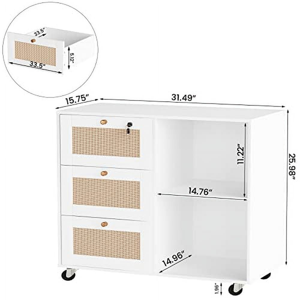 AWQM Wood Filing Cabinet with Lock,3 Drawers Office Storage Cabinet Printer Stand with Open Storage Shelves,Rattan Mobile File Cabinet for Home Office,White