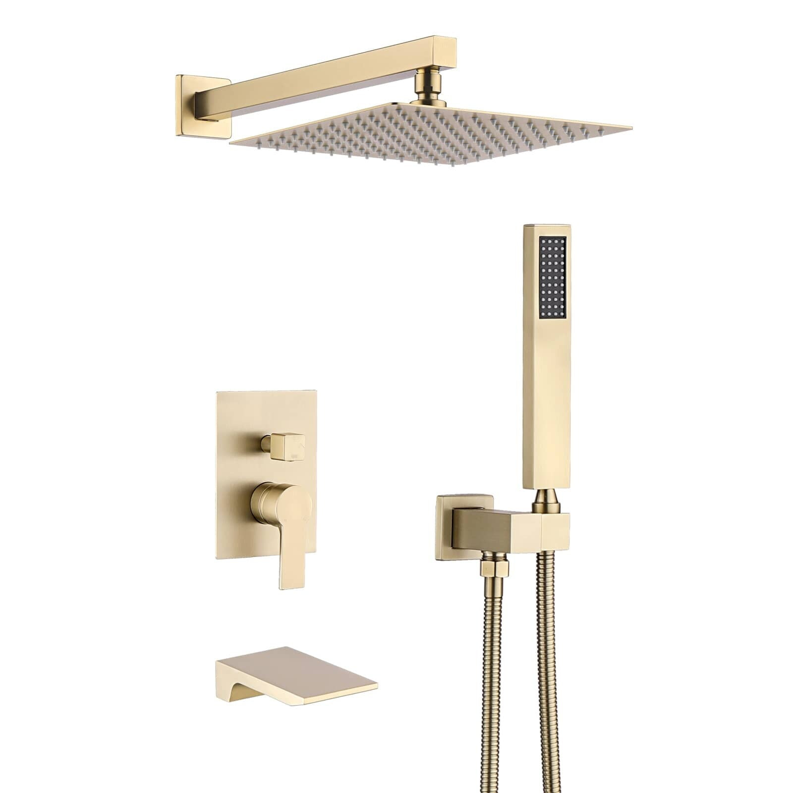 AWZTOO 10 Inch Shower System With Tub Spout and Handheld Sprayer Rainfall Modern Wall Mount Tub Shower Faucet Set With Rough-in Valve Brushed Gold