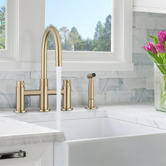 AWZTOO Bridge Kitchen Faucet With Side Sprayer 4 Hole Kitchen Sink Faucet 2 Handle Widespread Traditional Taps WIth Pull Out Sparyer Brushed Gold